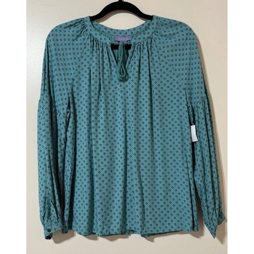 Laura Scott Peasant Blouse Womens Small Meadowbrook Green Diamond Bishop Sleeve